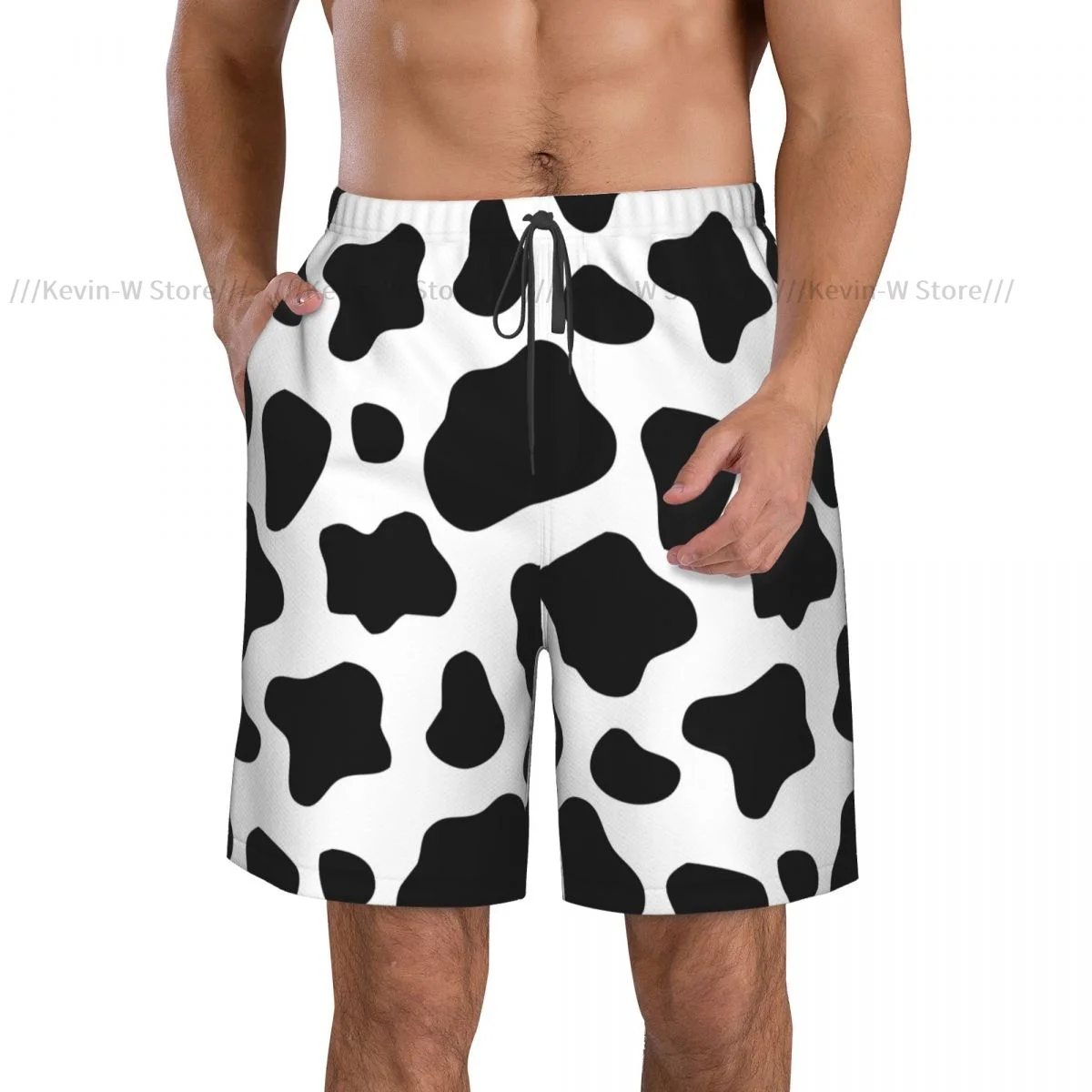 Summer Men's Swimwear Shorts Black And White Cow Pattern Beachwear Swim Trunks Men Swimsuit