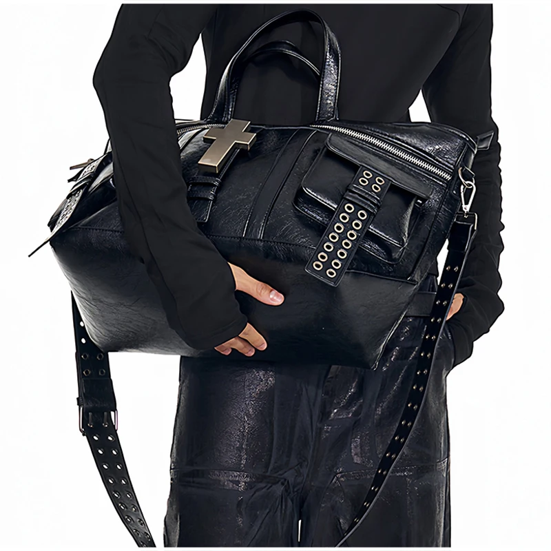 Vintage Distressed Tote Bag mit Kreuznieten, Große Unisex Umhängetasche, Reißverschluss-Handtasche aus Cracked PU für Damen – Detail 24