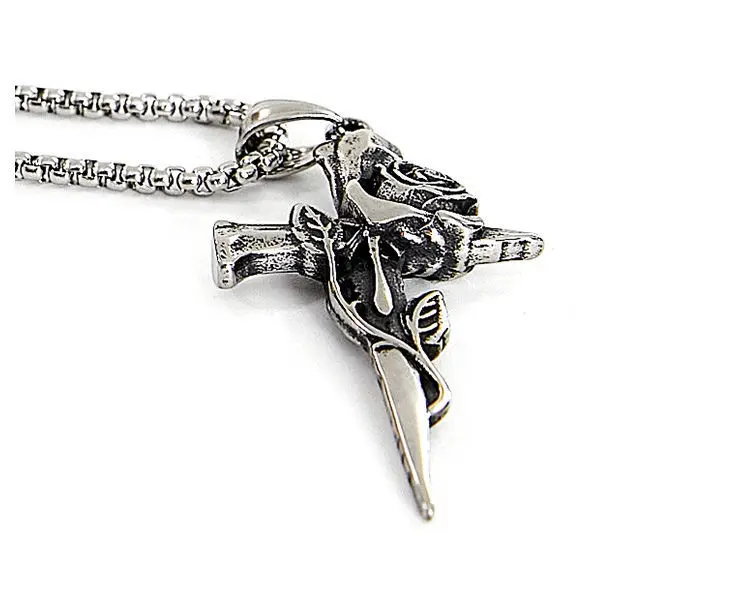 Outdoor Portable EDC Hip-hop Retro Rose Cross Stainless Steel Necklace Pendant Tool