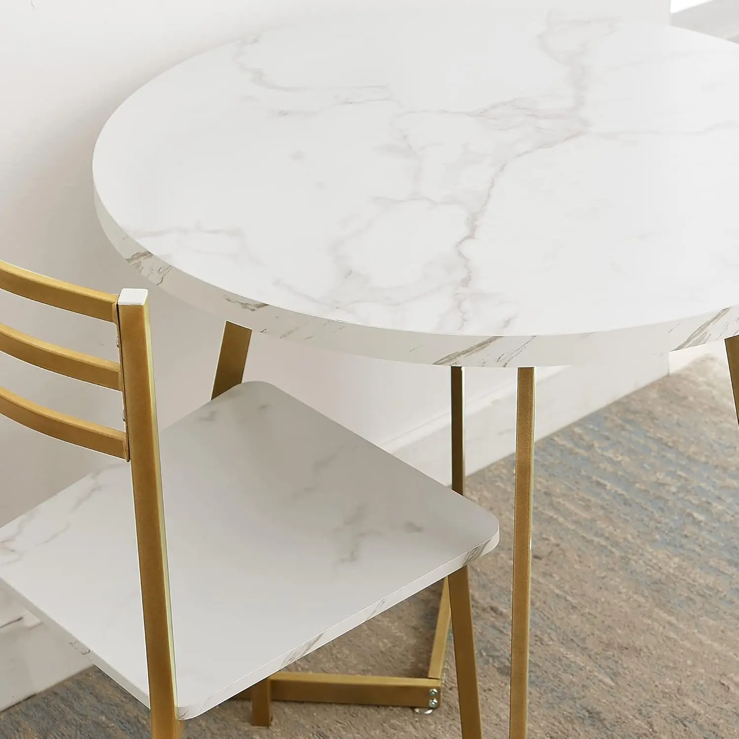 Round Dining Room Table with Wood Grain Tabletop and Steel Frame, for Kitchen, Living Room, Office, Conference, 2 to 4 Person