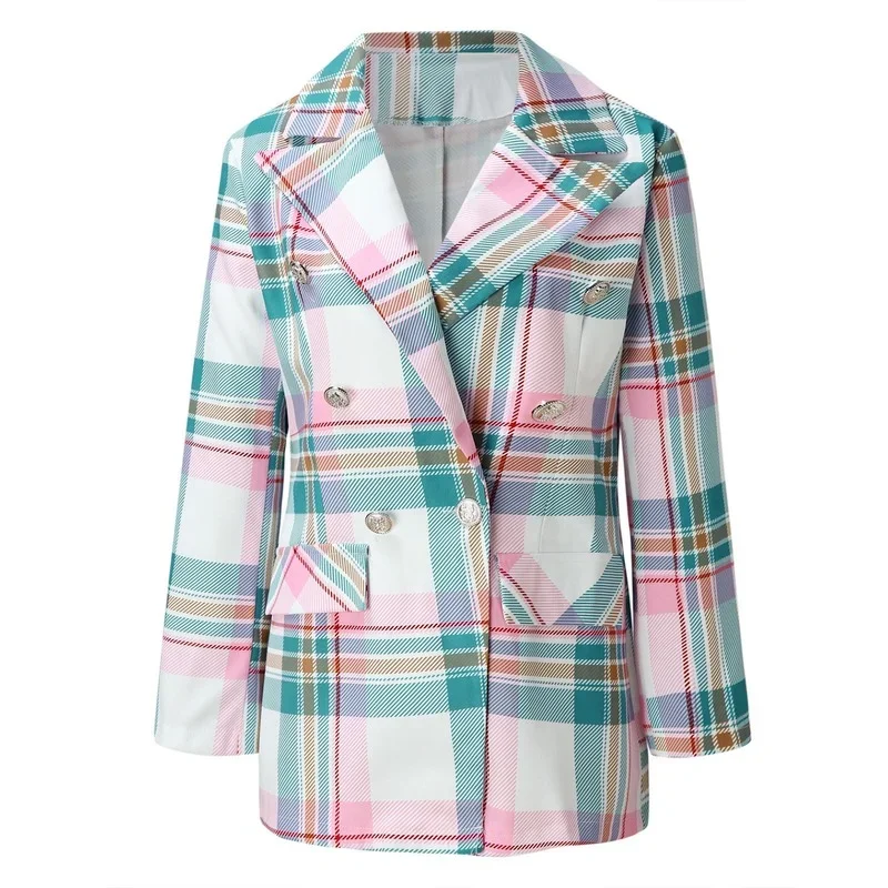 

Office Lady Lapel Double Breasted Business Commute Blazers Spring Autumn Elegant Chic Coat Fashion Pink Plaid and Striped Blazer