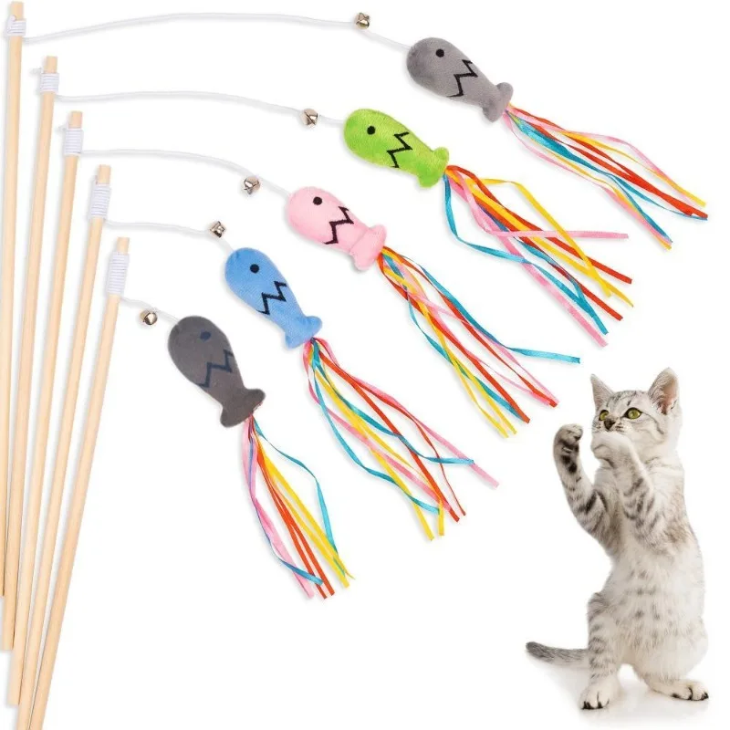 Cat Wand Toys Fish Shape Interactive Colorful Ribbons Bell Toys with Catnip Kitten Teaser Cat String Toy Pet Accessories