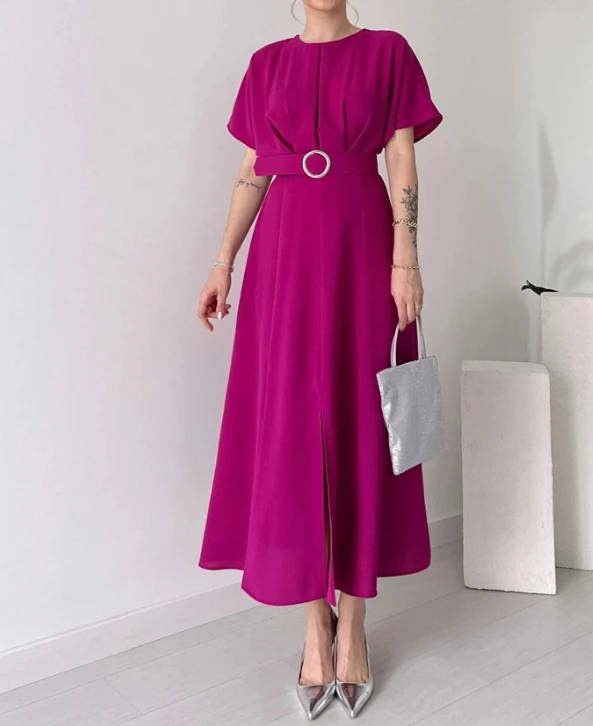 

Solid Color Fashion Round Neckline Short Sleeved Chest Pleated Drawstring Waist Cinching Slim Fit Slit Long Dress Casual Dress