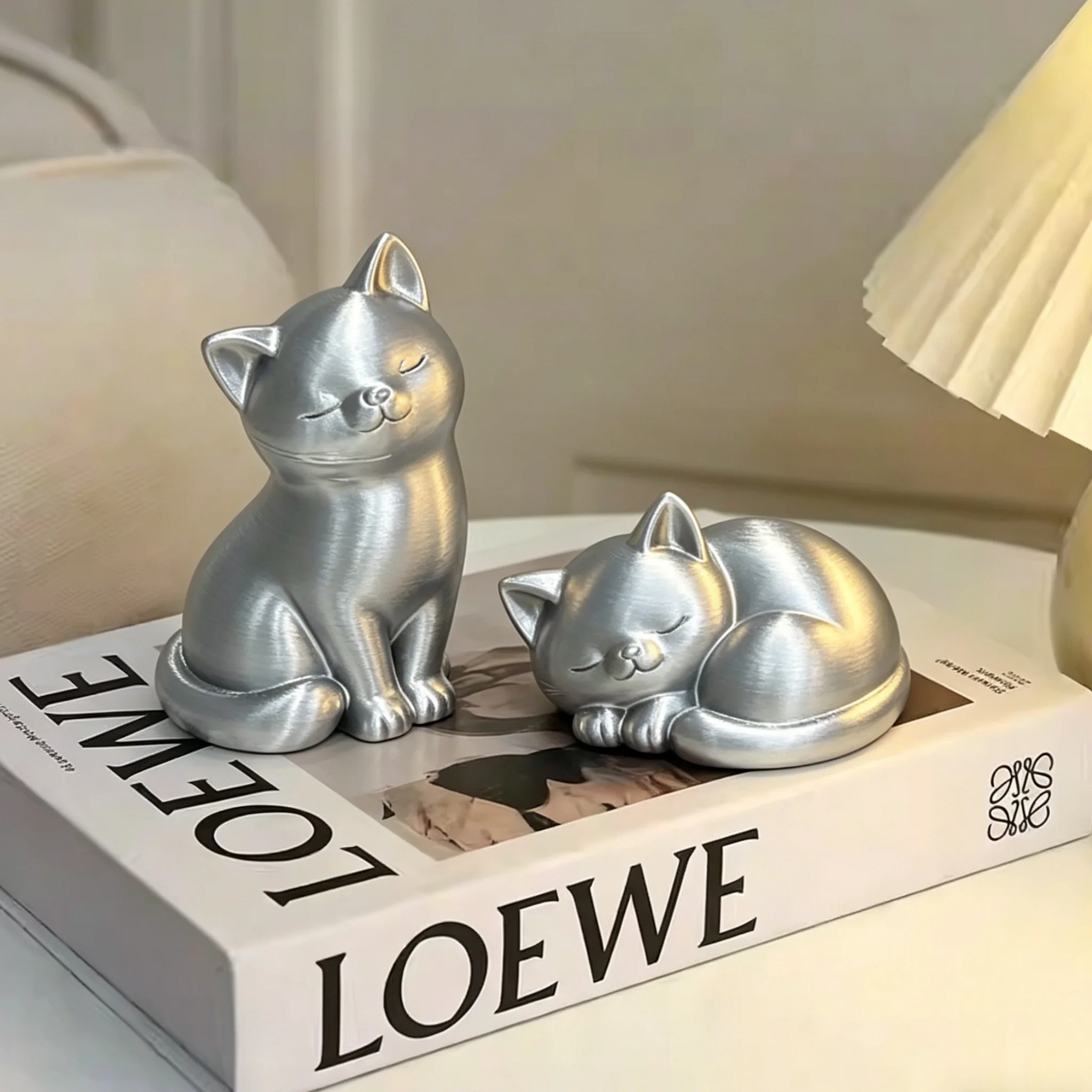 Cute Sleeping Cat Figurine Set, 2Pcs White Kitten Statues, Modern Home Decor for Cat Lovers Living Room Office Desk