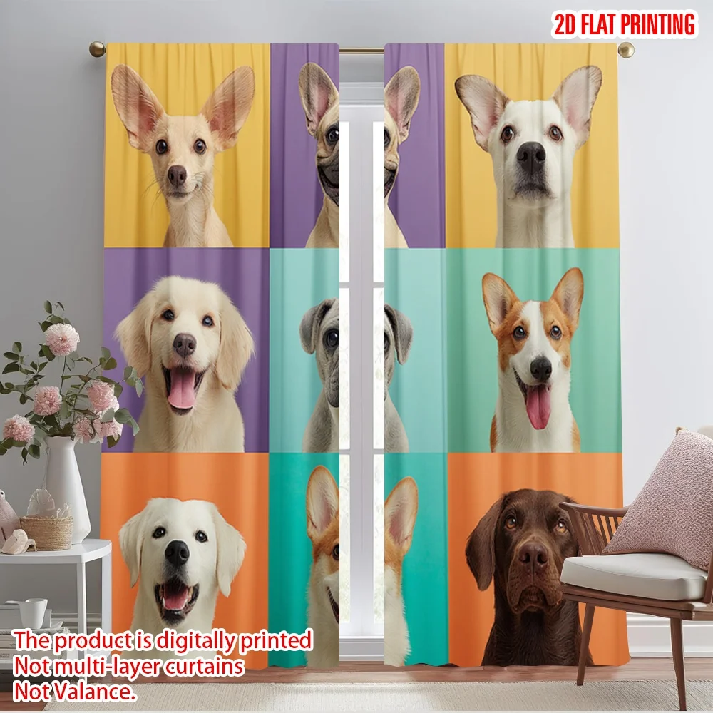 

2pcs 2D flat printing Curtains Doggy Grid Polyester Without Electricity Festive Holiday Use for Festive Wall Decor