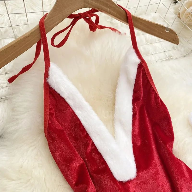 Women Sexy Christmas Cosplay Nightwear Playsuit Deep V Open Crotch Sheath Bodysuits Temptation Velvet Backless Rompers