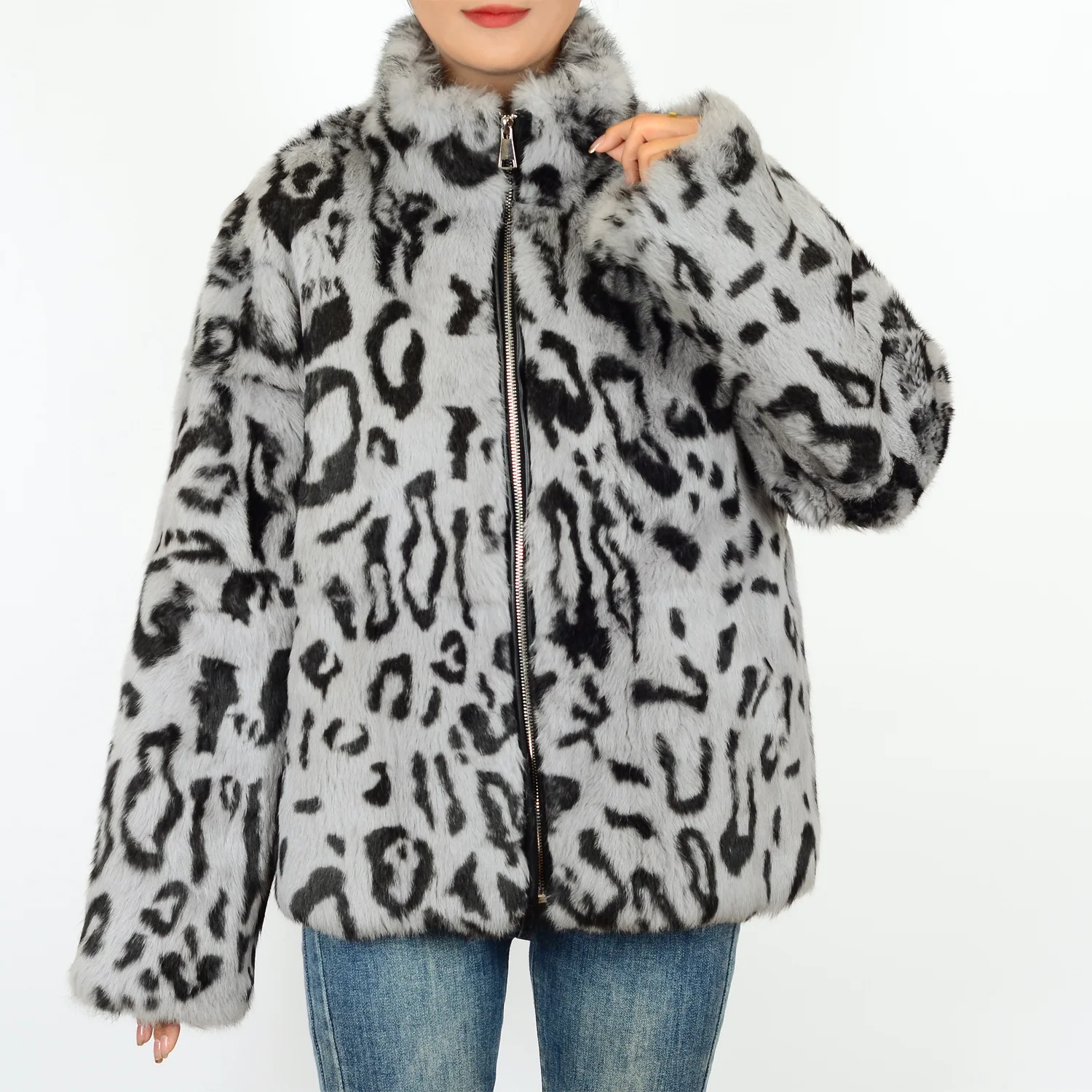 معطف نسائي فاخر من فراء الأرانب الحقيقي بلون سادة وطية صدر واسعة وإغلاق سريع لخريف وشتاء فروي وأكمام طويلة معطف أنيق