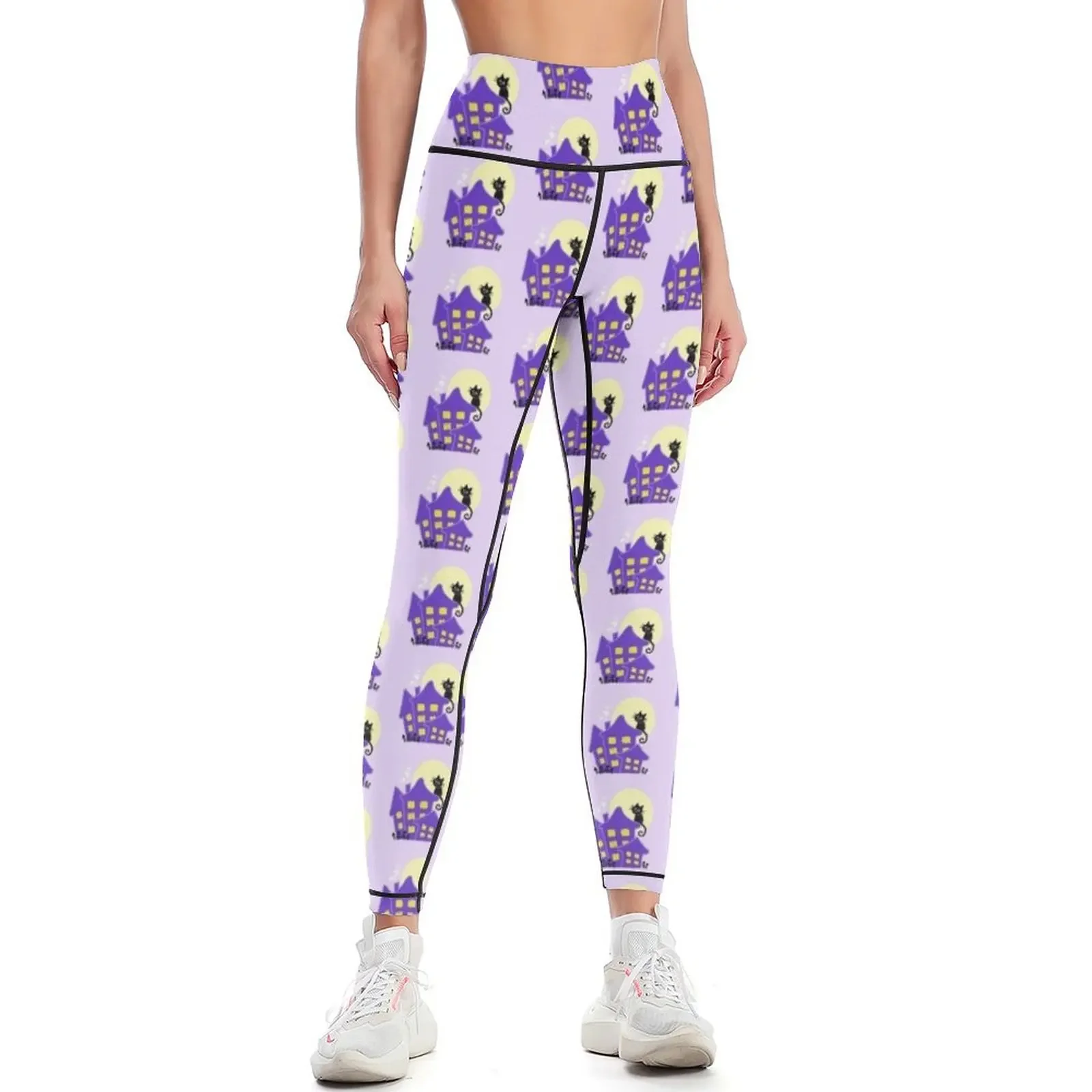 

Purple Haunted House And Black Cat Leggings Golf wear Women's high waist sportswear for gym Fitness woman Womens Leggings