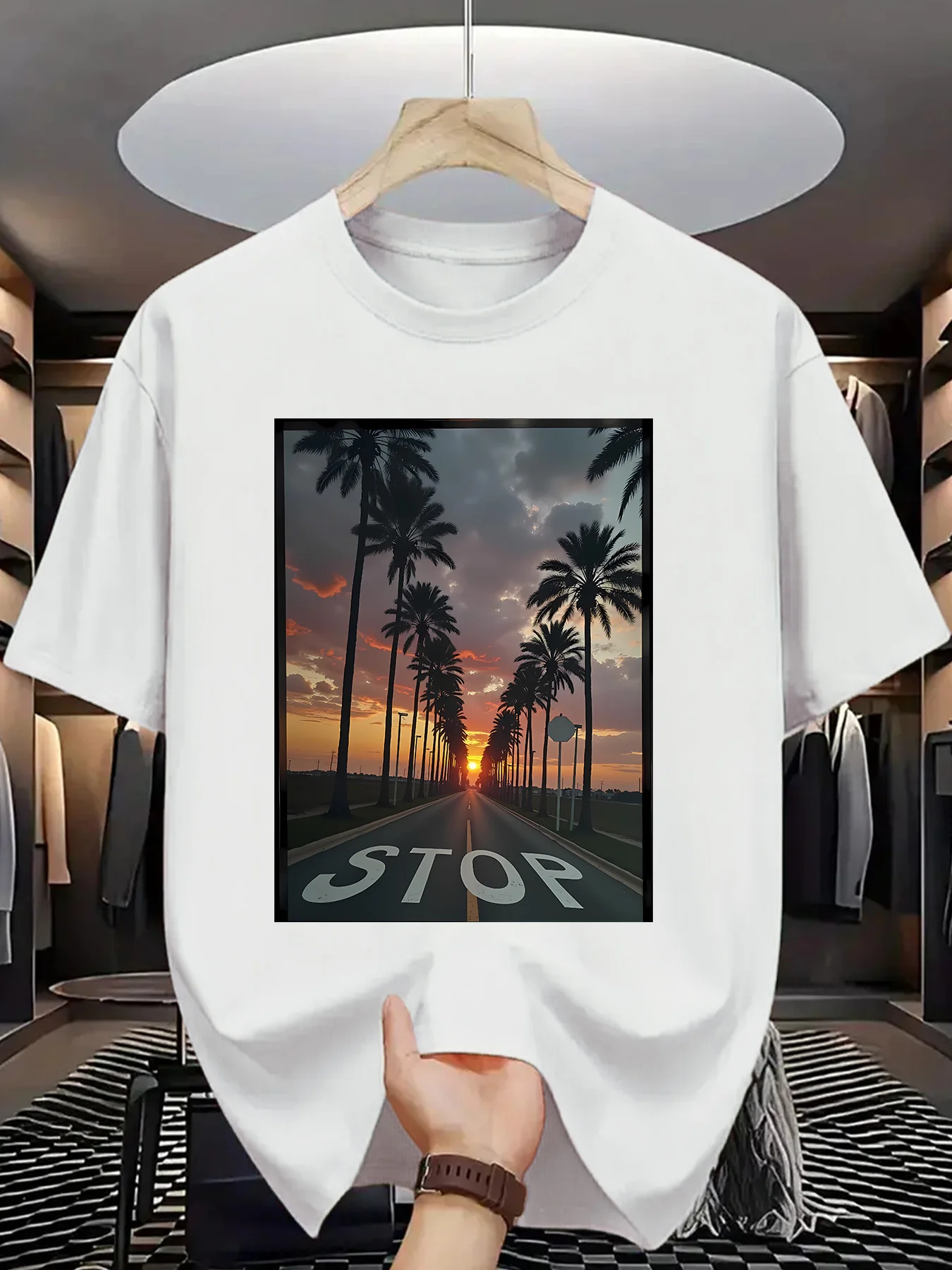 Tropical West Coast Sunset Road Landscape T-Shirt Palm Tree Lined Highway Print Men Women Vacation Daily Wear Tops