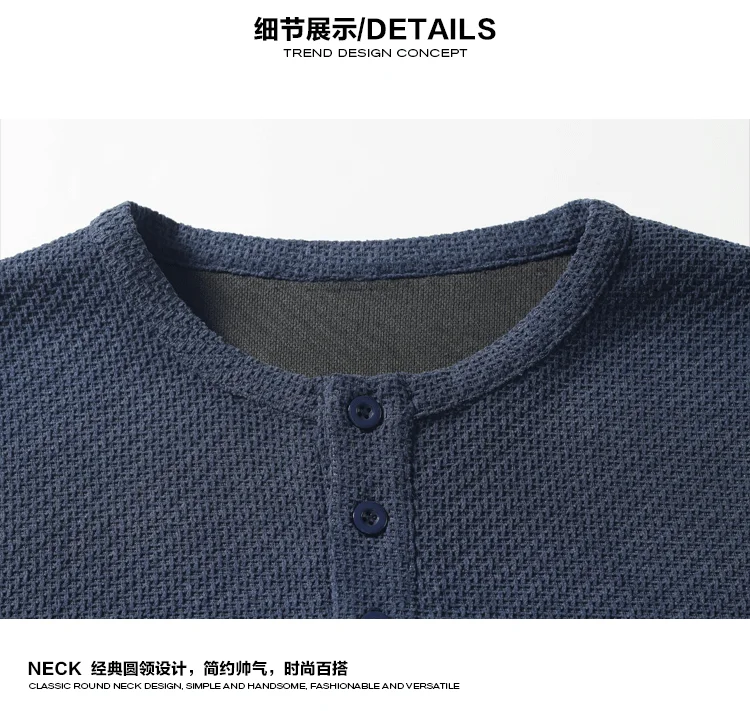 Herren-Langarmshirt mit Henley-Ausschnitt, Herbst-Übergrößen-Modell, lockere Passform, Strickoberteil, schlichtes Knopfleisten-Design, bequemes, lässiges Hemd für den Alltag – Detail 13