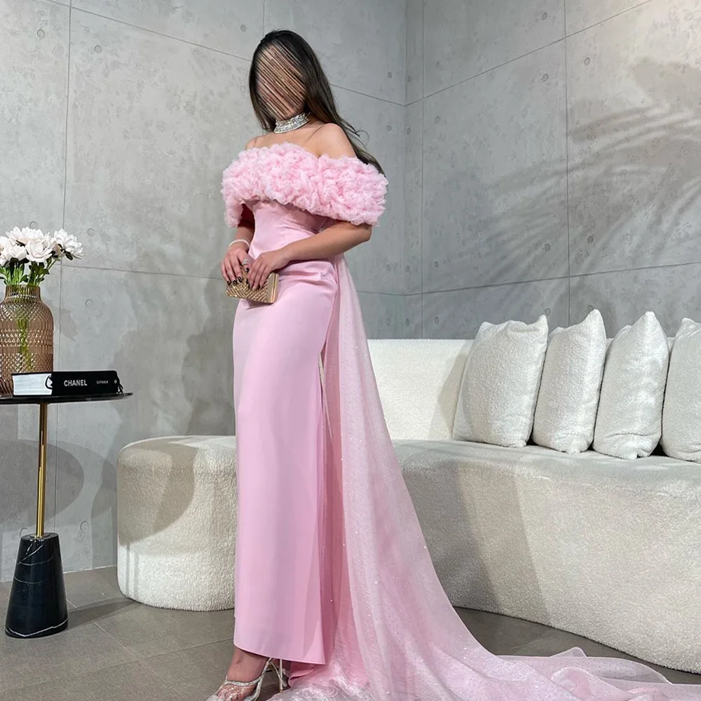 Pale Pink Evening Dress for Woman Boat Neck Rose Flowers with Detachable Train Straight Prom Dresses Formal Party Gown