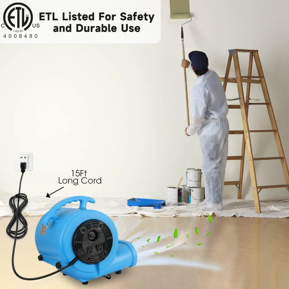 Ventilateur de séchage de tapis répertorié ETL 1/2HP, moteur de ventilateur d'air 2200CFM pour le séchage à la maison, ventilateur de sol Portable à cordon Long de 15 pieds