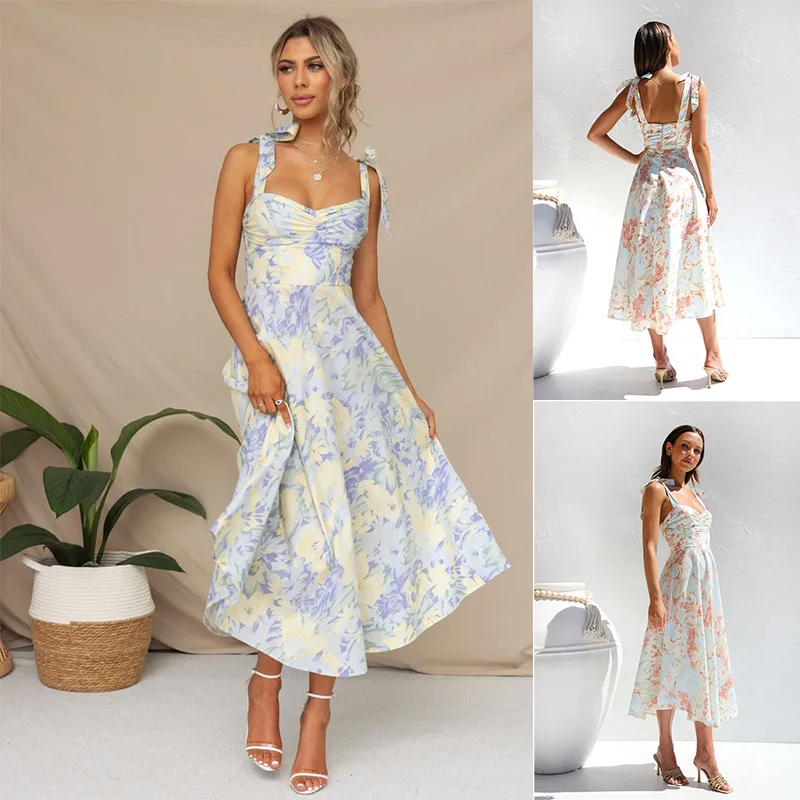 

French Style Floral Print Dress for Women Straps Sweetheart Neck Backless Sleeveless A-Line Dress Lady Elegant Holiday Outfit