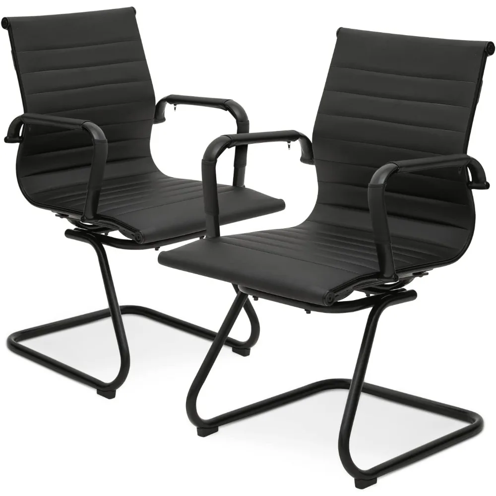 PU Leather Office Guest Chair for Waiting Room, Mid Back Chairs with Sled Base and Armrest Home Computer Chairs for Reception