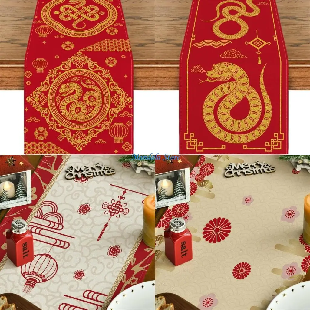 

U2JC 2025 Chinese New Years Tablecloth Snake Zodiacs Table Runner for Festives Home and Party Decoration