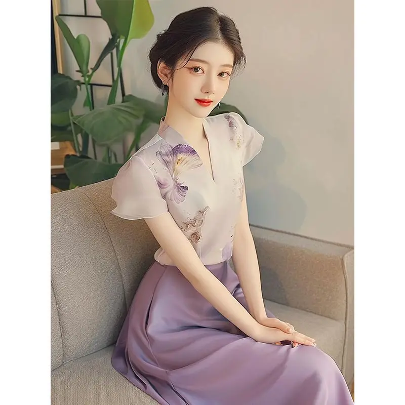 

Summer National Style Lady Short Sleeve High-end Elegant Purple Print Top
