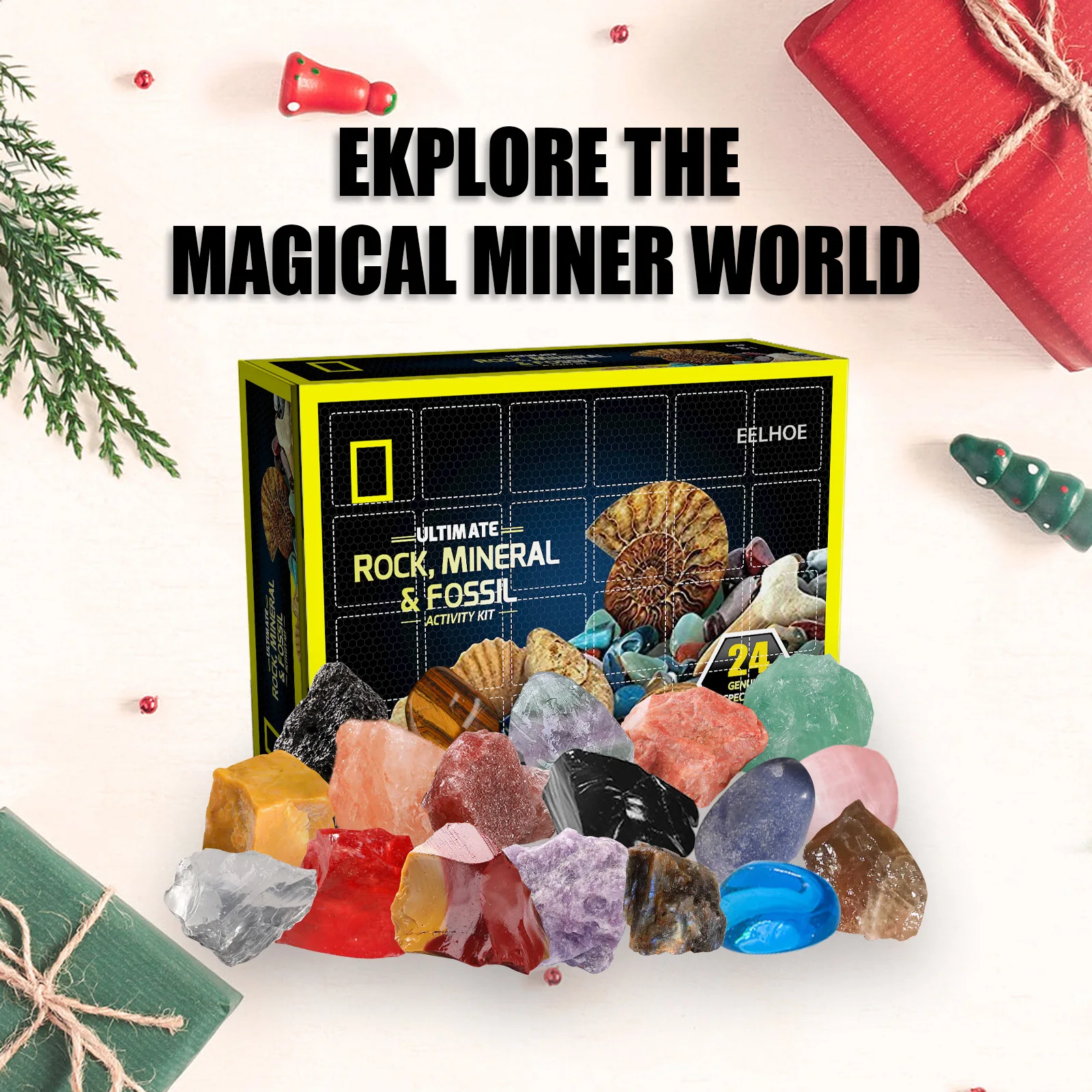 

1Set Ore Christmas Advent Calendar Healing Crystal Mineral Gift Box Kids with Rock Stone Collections Pebbles Polished Gravel