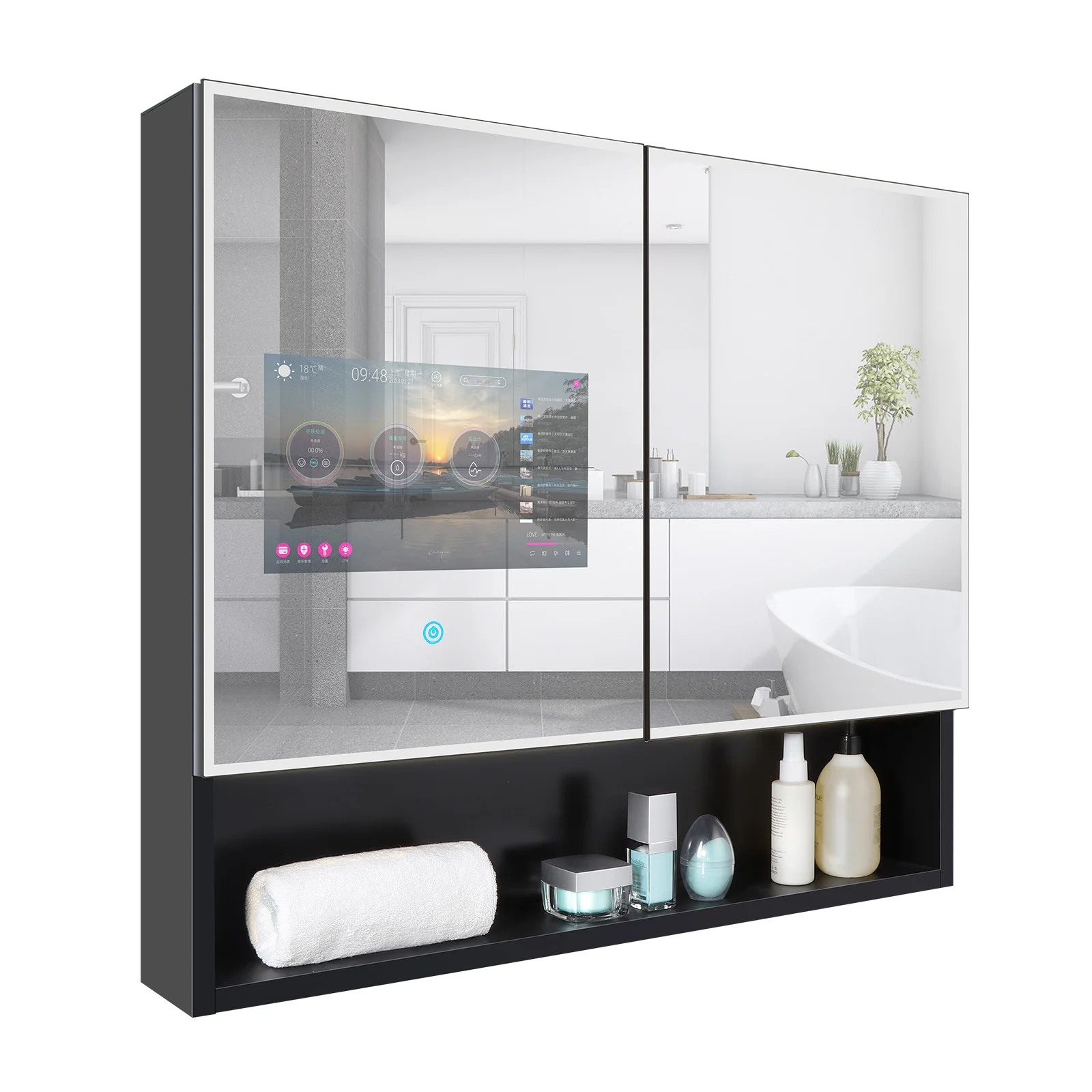 

Светодиодное зеркало для ванной комнаты Haocrown с сенсорным экраном Smart Android 11 TV (13,3 дюйма), алюминиевый шкаф для хранения, черный, 2023