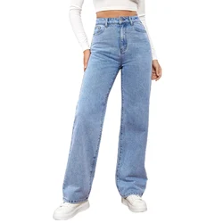 Calças jeans stretch de cintura alta feminina, jeans reto vintage, feminina confortável, casual, calça básica versátil, lavável