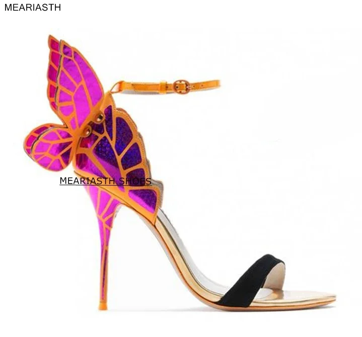 

Rose Gold angel Winged Leather Sandals High-end Women Pink Butterfly Sandals Metal Stiletto Heel Metallic Patent-leather Sandals