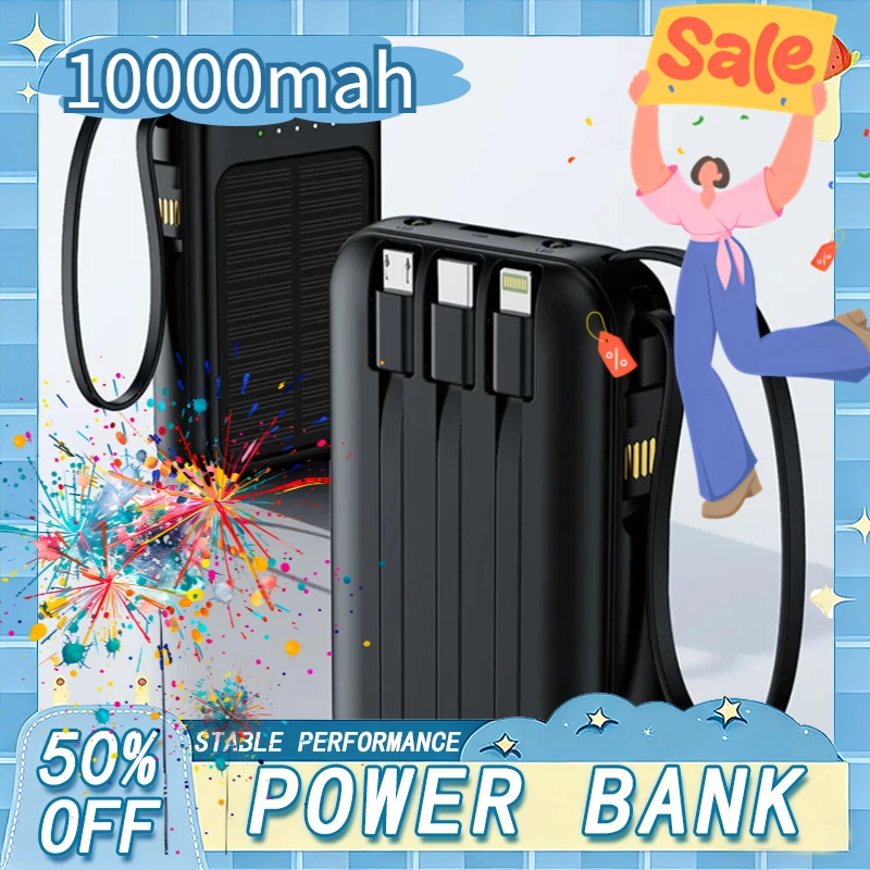 

Солнечный Power Bank на 10000 мАч с ультра-высокой емкостью, встроенными кабелями, 2 USB-портами, внешним зарядным устройством и LED-фонариком