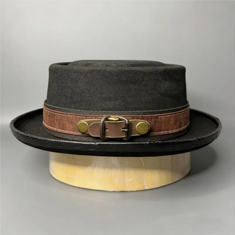 Fashionable pork pie style pure felt belt decorated with real wool hat