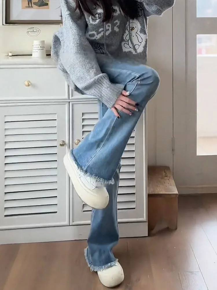 Azul desgastado bainha sino bot jeans feminino primavera outono novo tamanho grande gordura mm cintura alta emagrecimento quadril cobrindo elástico sino l...