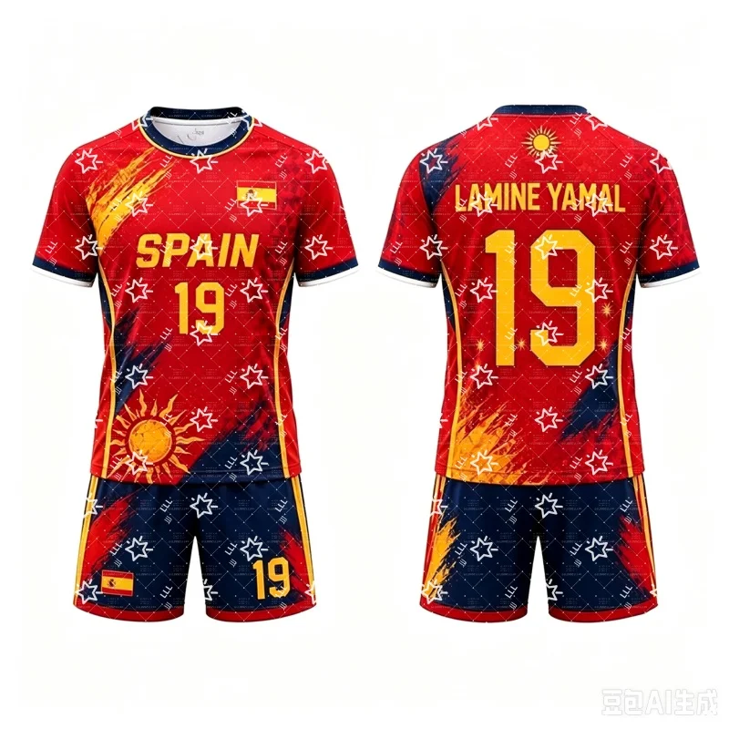 Kids Lamine Yamal 19 Spain Football Jersey Set Red Hexagon Print Short Sleeve Soccer Shirt + Navy Shorts 2-Piece Sport Outfit
