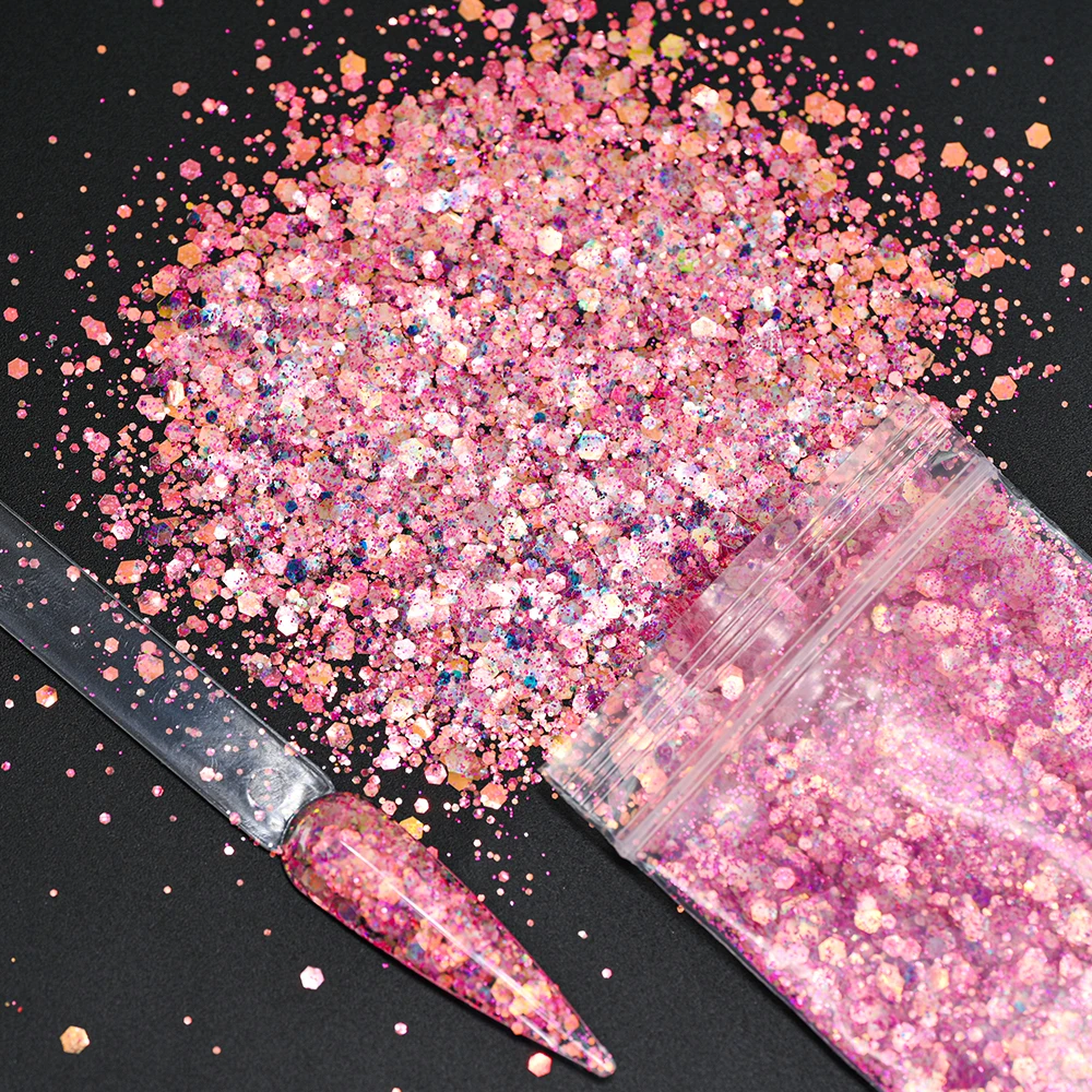 1Bag/50g Pink Chunky Nail Glitter Sequins Mixed Sparkly Hexagon Nail Art Fragments Pigment For DIY Manicure/Makeup Glitter Decor