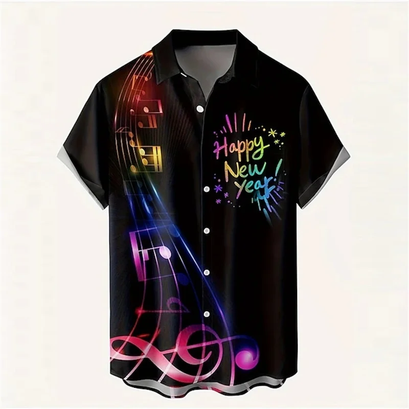 Fireworks Champagne Pattern Hawaiian Shirts For Men Happy New Year 3D Printed Aloha Shirts Casual Loose Long Sleeve Tops Blouses