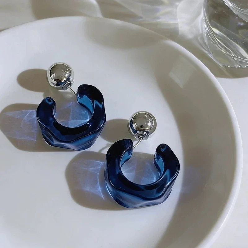 Trend Blue Acrylic C-shape Long Drop Earrings for Women Simple Exaggerated Transparent Irregular Resin Smooth Creative Jewelry