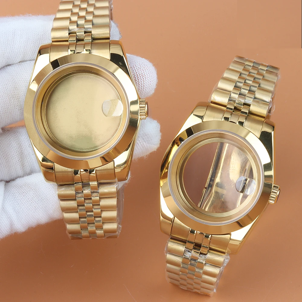 

Flat Edge Gold NH35 Case Jubilee Strap Bracelet Diving Men‘s Stainless Steel Watch Case Fit NH35 NH36 Movement 28.5mm Dial