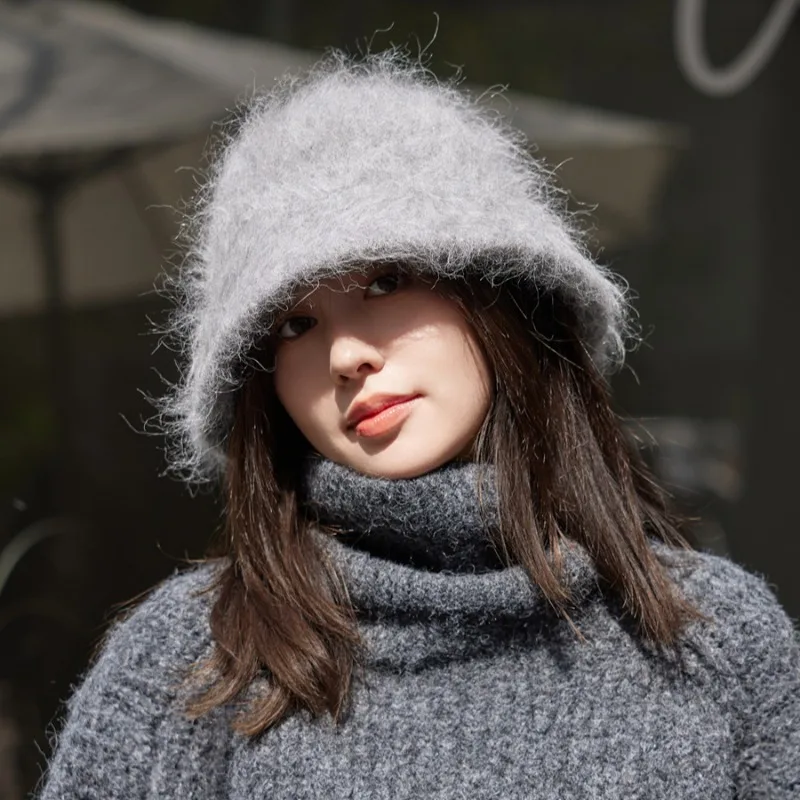 New Women's Winter Alpaca Hair Bucket Hat Fluffy Solid Color Versatile Basin Hat Plush Warm Fisherman Caps Furry Panama Sun Hat