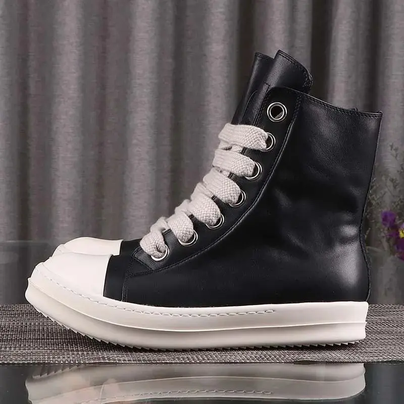 

Men Casual Shoes Genuine Leather Jumbo Shoeslace Lace Up High Top Ankle Boots Women Vintage Luxury Owens Designers Sneakers