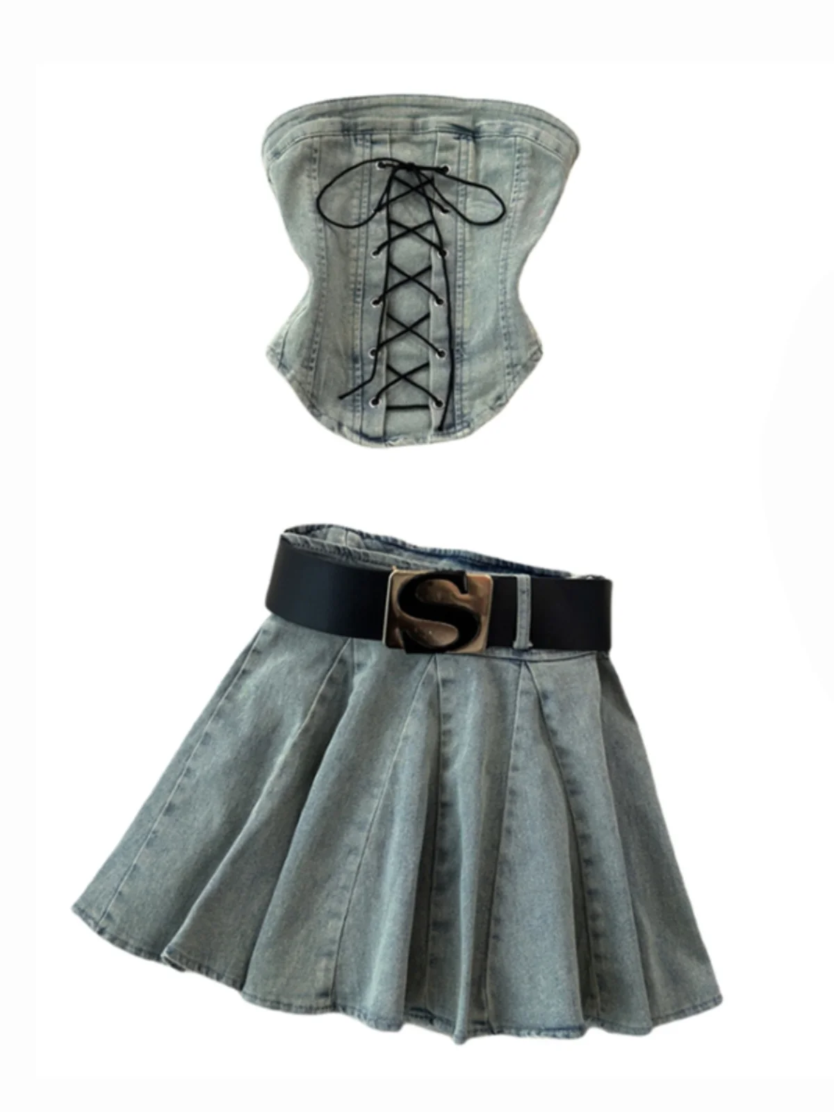 

Retro American Denim Set Women Sexy Spicy Girl Tube Top+Anti-Light A-Line Spicy Girl Pleated Skirt Two-Piece Set Faionable