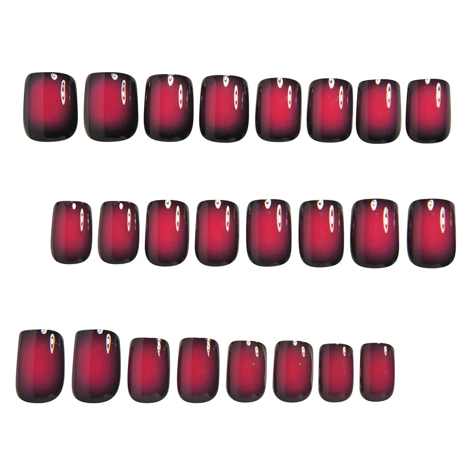 Uñas postizas cuadradas cortas para mujer, con degradado negro, rojo, rosa y rubor, estilo francés, cubierta completa, acrílicas 4