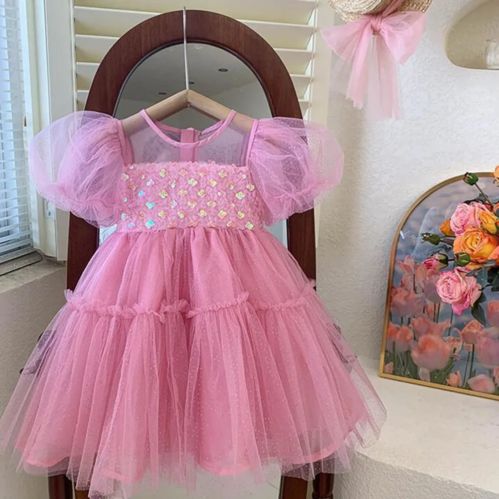 Kids 2-7 Year Baby 2025 Wedding Party Girl Dresses Summer Baby Girl Dress Infant Spring Blue Love Girls Elegant Pageant