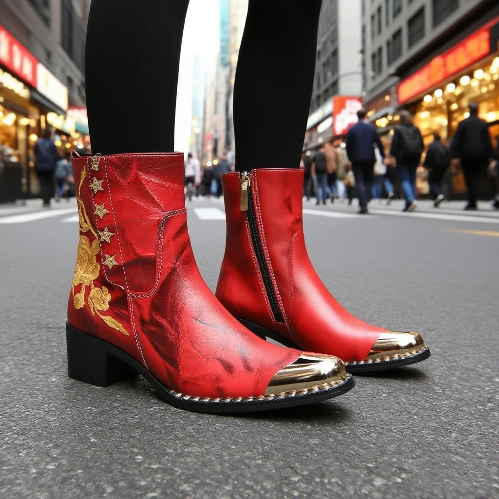 

Autumn Winter New Men's Red Embroidered Ankle Boots, Cool Metal Toe with Rivets, Retro Pattern, Side Zip, Chunky Heel, Fashionab