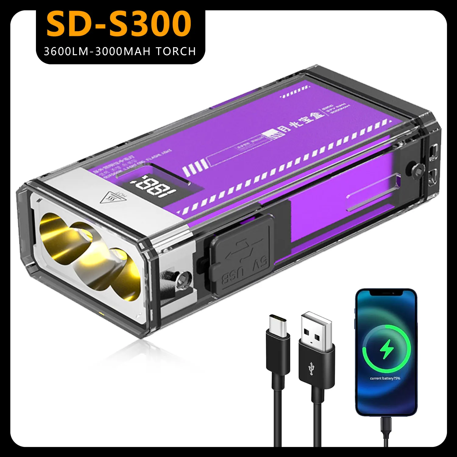 

3600LM Rechargeable Flashlight, 4-in-1 LED Torch (UV/Red/Warm/Green Light), 3000mAh Power Bank, Magnetic Base for Camping Hiking