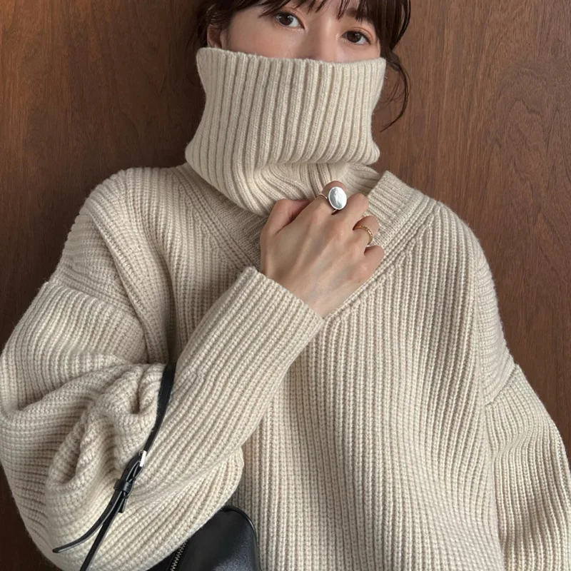 Fall/winter Hem Hem Side Slit Loose Detachable Turtleneck Sweater Pullovers