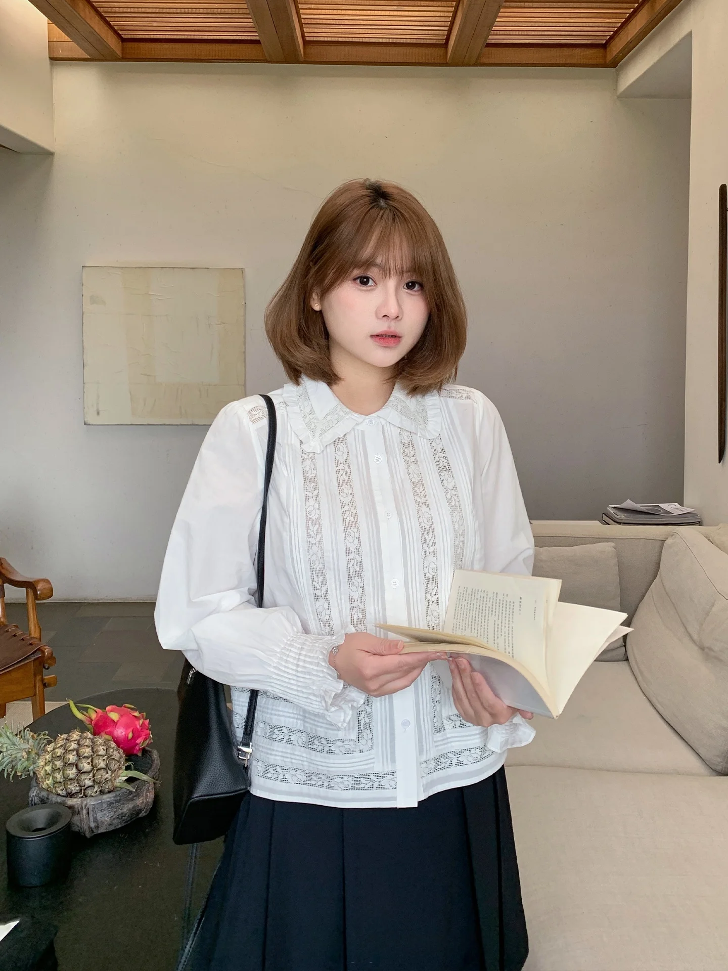 

Heavy Embroidery Lace Splice Shirt Stand Collar Long Sleeve Casual Style Large Size Women's Inner Wear by Masixi Spring Season