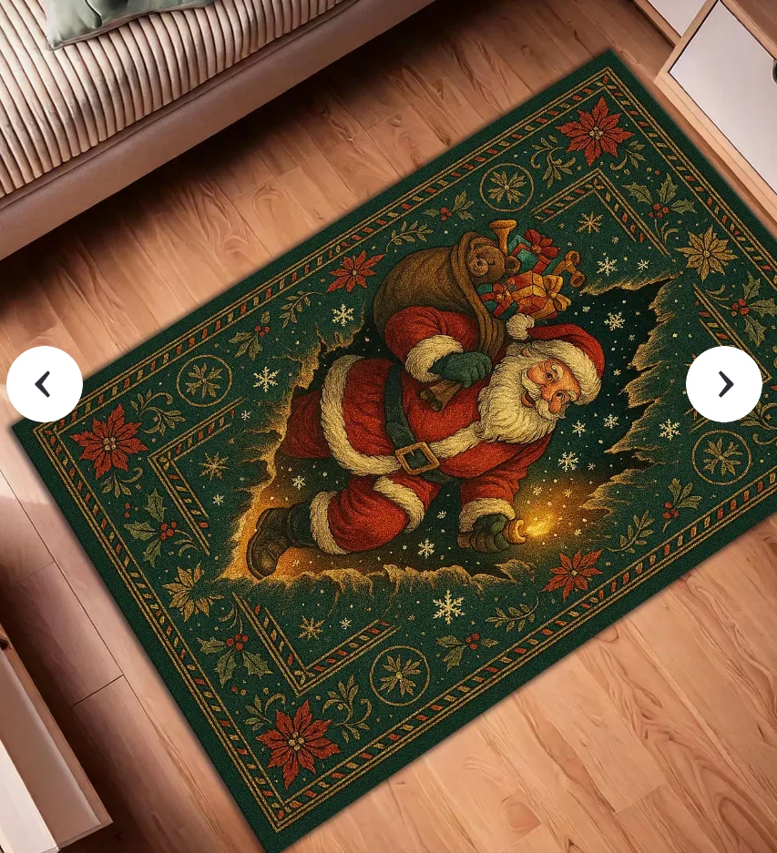 Christmas Santa Rug with Gifts and Holiday Border, Festive Vintage Style Carpet for Living Room, Bedroom Carpet