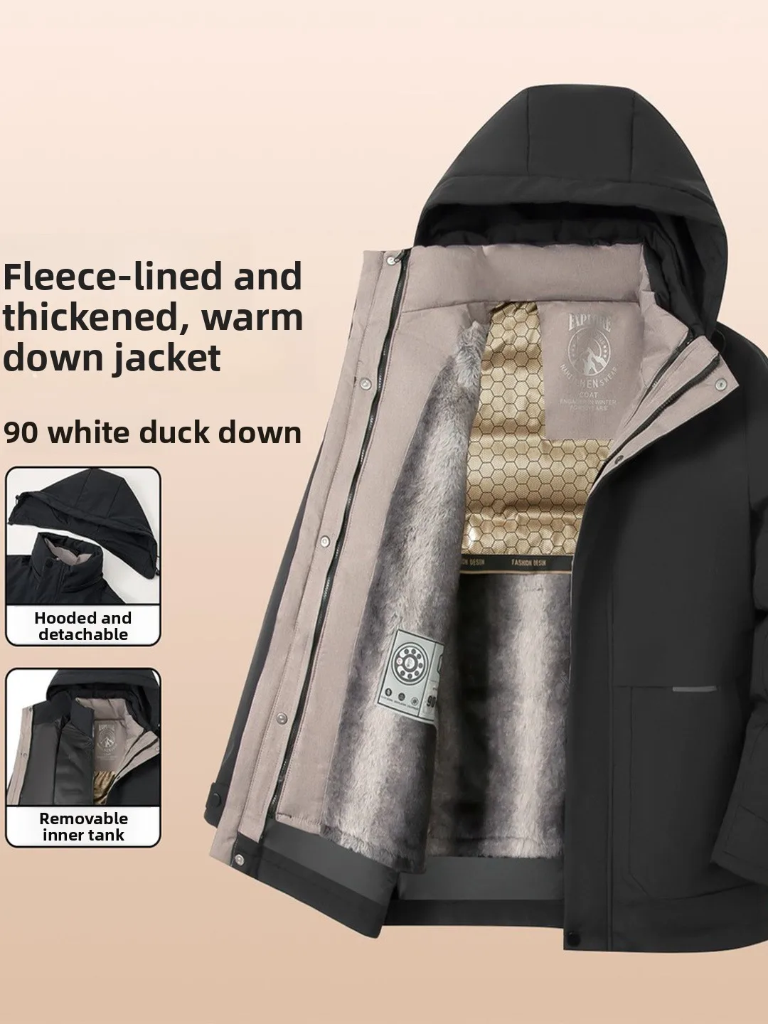 

Thiened Fce Winter down Jaet Removable Warm Outdoor Men's Coat Trendy Brand Youth Commute Hooded Parka