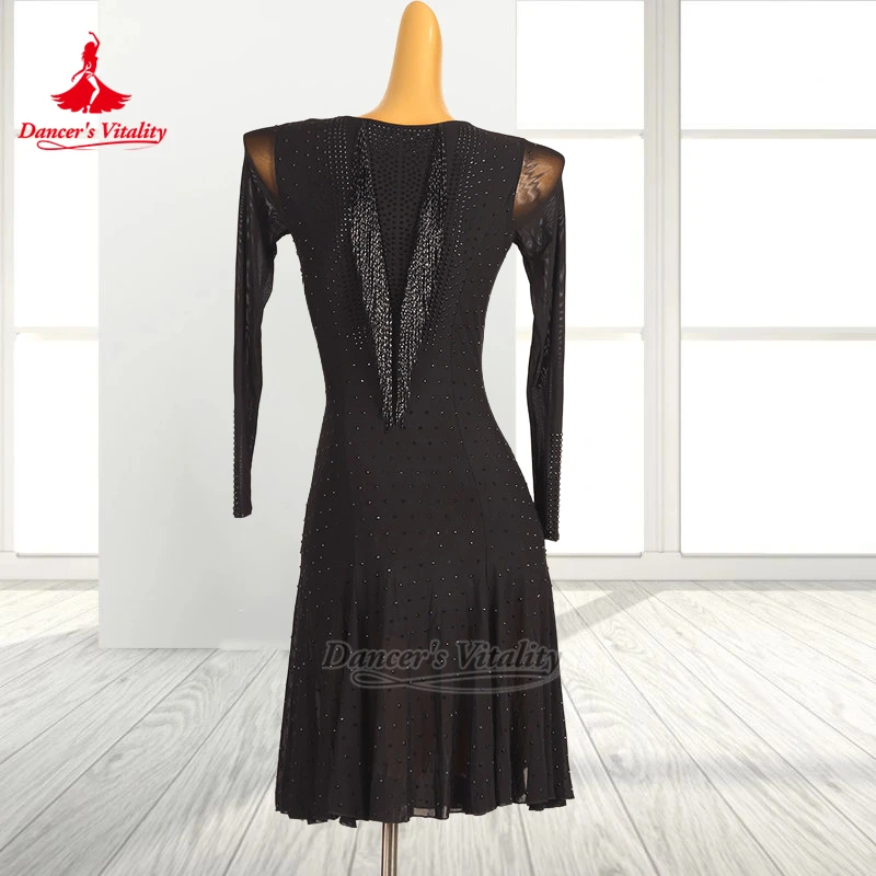 Women Latin Dance Long Sleeves String of Beads Tassel Dress High-end Customize Dancer's Vitality Adult Chacha Samba Rumba Clothe