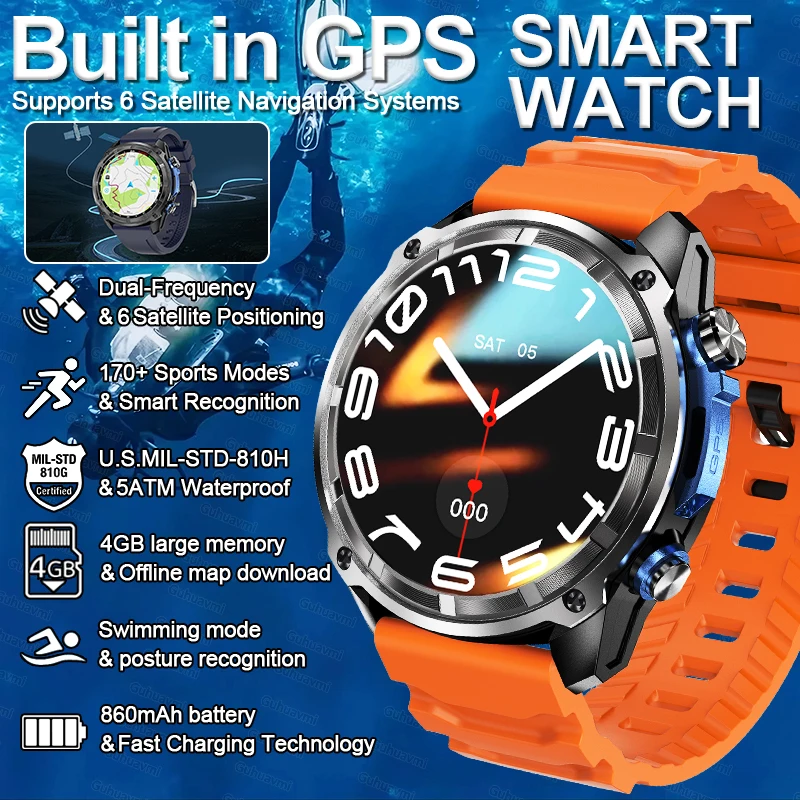 GUHUAVMI водонепроницаемые умные часы для плавания, шестиосевой датчик, спортивные 4 ГБ памяти, GPS-карта, умные часы для мужчин, Corning Gorilla Glass