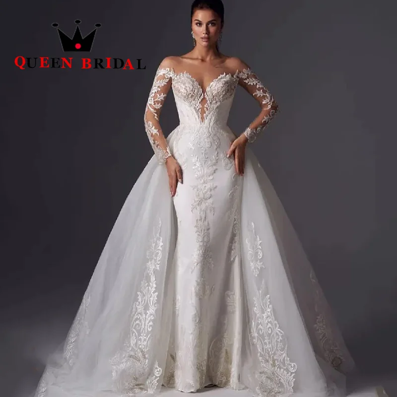 

Sexy Mermaid Appliques Lace 2023 Wedding Dresses Long Sleeve Detachable Train Bridal Gowns Vestidos De Novia Custom Y24M