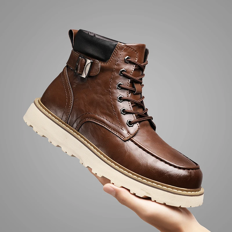 Men's Fashion Tooling Work Boots Black Brown Original Leather Shoes Cowboy Platform Ankle Boot Outdoors Short Desert Botas Male