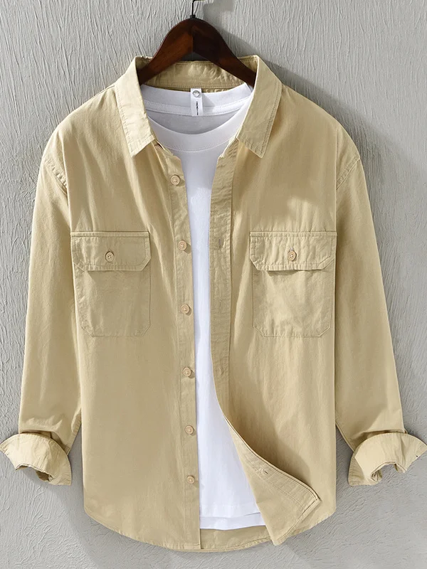 

Cotton Workwear Long Sve irt Jaet Loose Fit Casual Sle Japanese Retro ket Detail Spring Autumn Wear for Youth Men