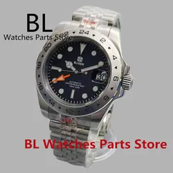 BLIGER 40/43mm 24 Jewels NH34 GMT Automatic Watch For Men Stainless Steel Strap Sapphire Glass Silver Case Luminous Black Dial