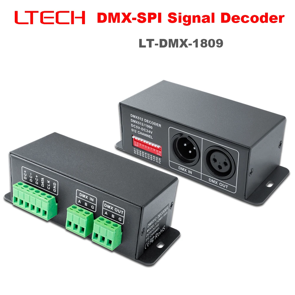 

LTECH New DMX512 to SPI Converter Signal Decoder;12V 24V Support WS2811/WS2812,UCS1903/1912,TM1803,TM1804,TM1809 IC LT-DMX-1809